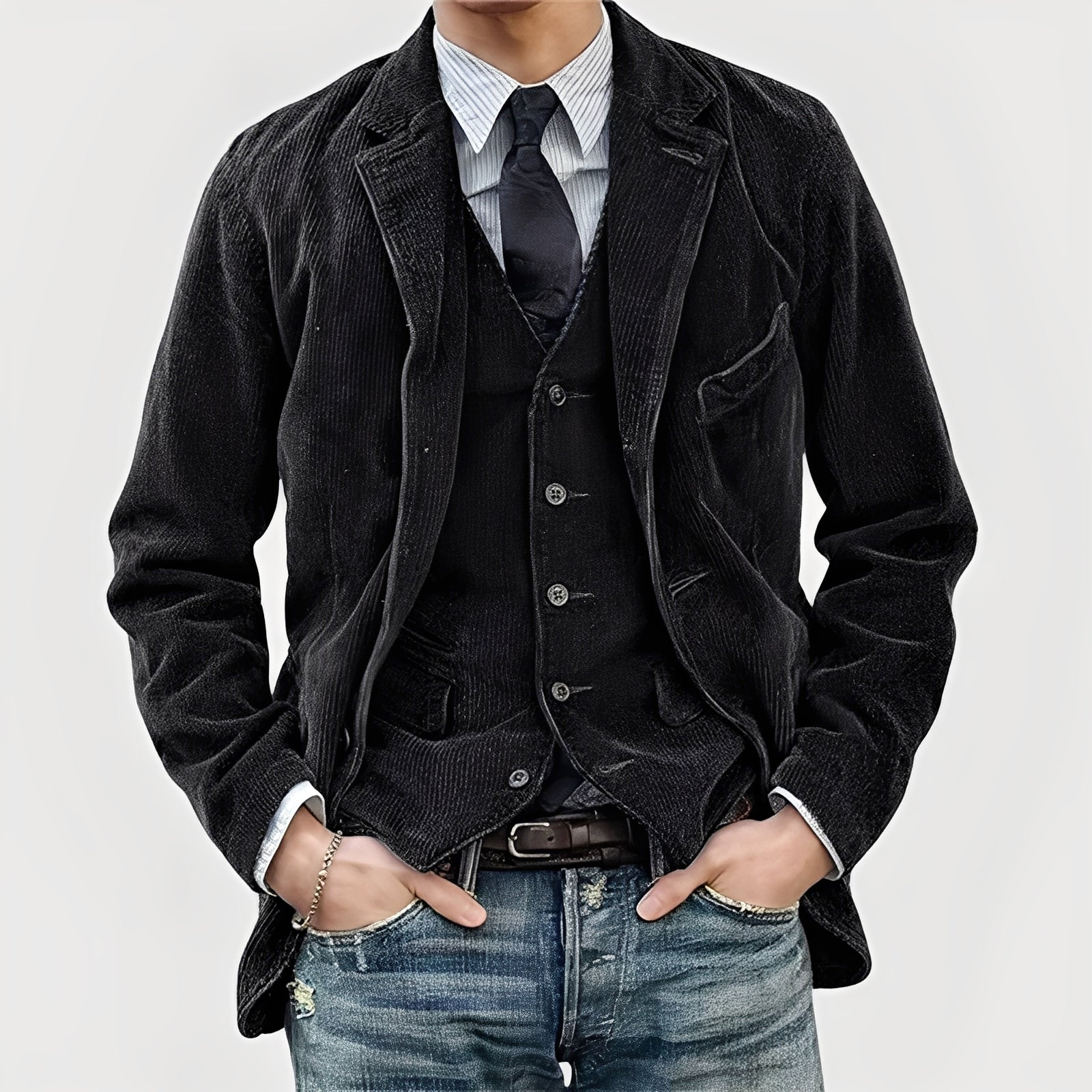 Men's Vintage-Style Corduroy Coat with Notch Lapels and Button Front