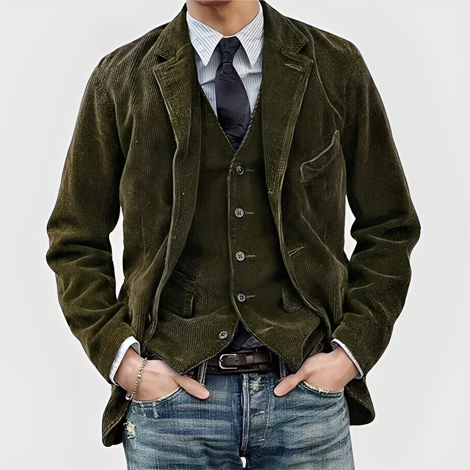Men's Vintage-Style Corduroy Coat with Notch Lapels and Button Front