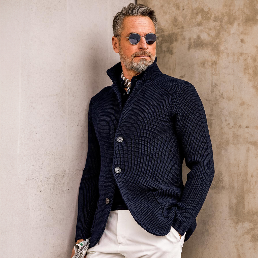 Men's Waffle-Knit Cardigan Sweater with Stand Collar and Button Front