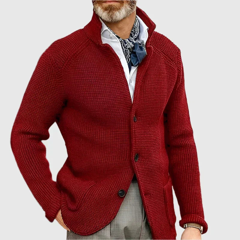 Men's Waffle-Knit Cardigan Sweater with Stand Collar and Button Front