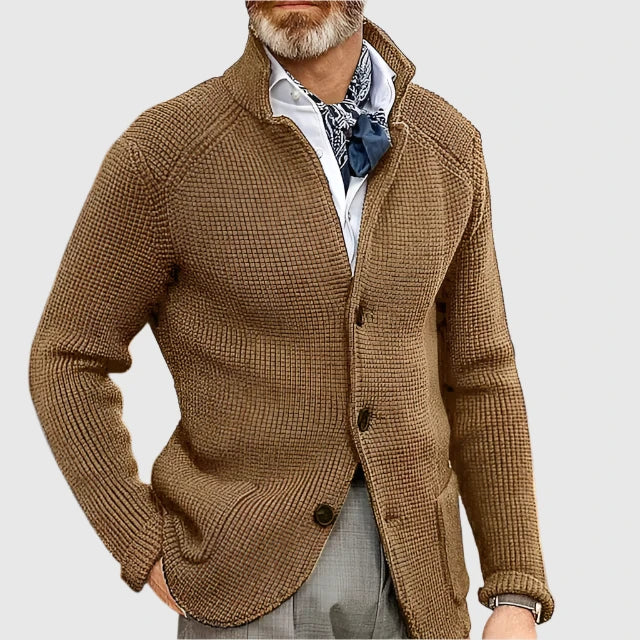 Men's Waffle-Knit Cardigan Sweater with Stand Collar and Button Front