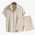 Men's Waffle-Knit Lounge Set with Button Shirt and Drawstring Shorts