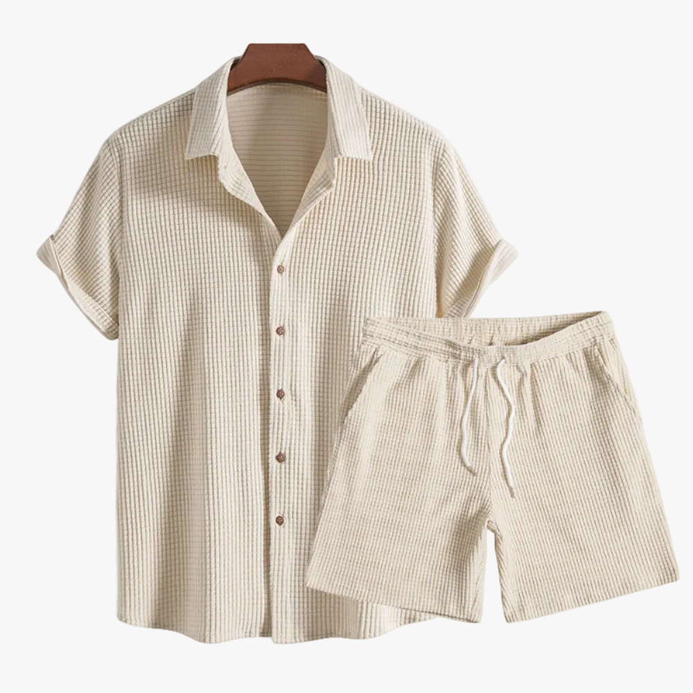 Men's Waffle-Knit Lounge Set with Button Shirt and Drawstring Shorts