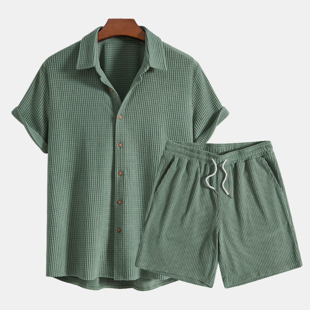 Men's Waffle-Knit Lounge Set with Button Shirt and Drawstring Shorts
