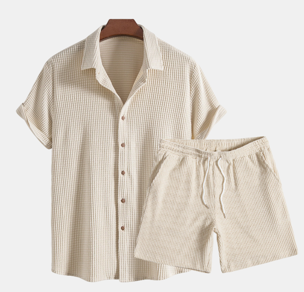 Men's Waffle-Knit Lounge Set with Button Shirt and Drawstring Shorts