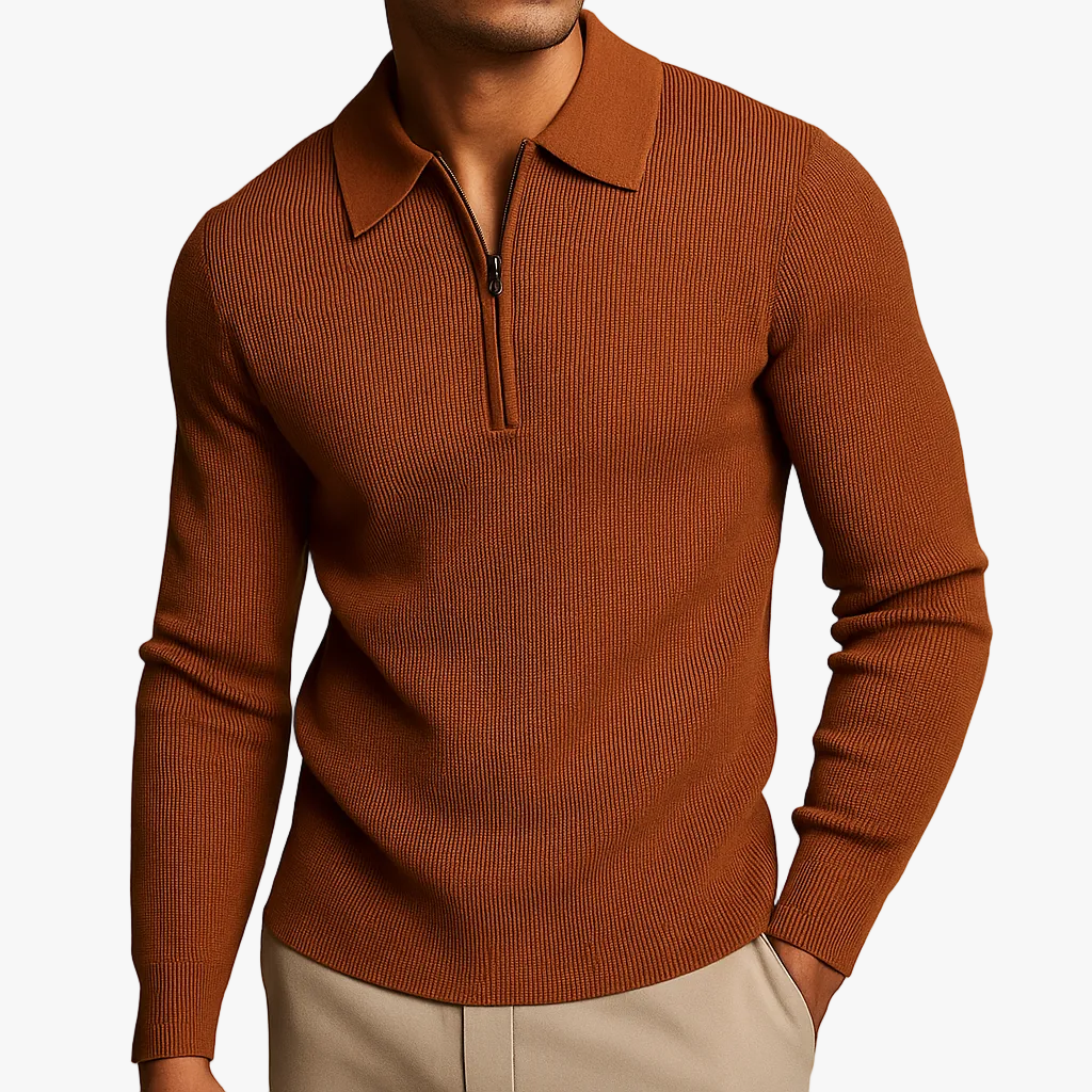 Men's Waffle Knit Sweater with Quarter Zip and Pointed Collar