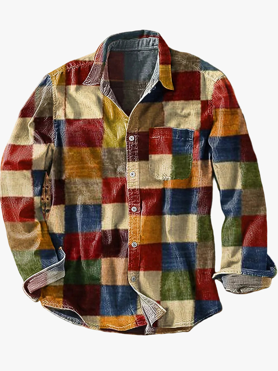 Men's Woven Button-Front Shirt with Patchwork Panels and Chest Pocket