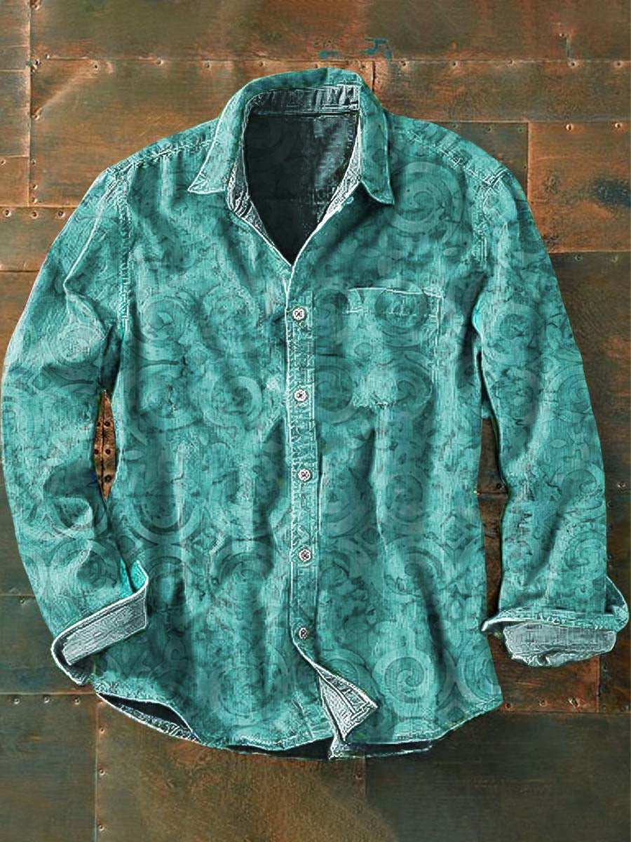 Men's Woven Button-Front Shirt with Printed Pattern and Chest Pocket