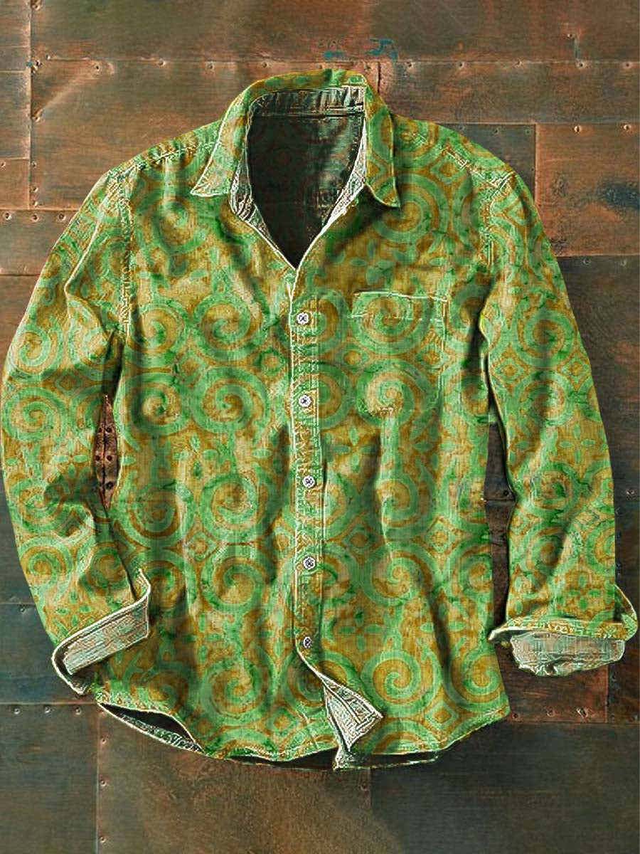 Men's Woven Button-Front Shirt with Printed Pattern and Chest Pocket