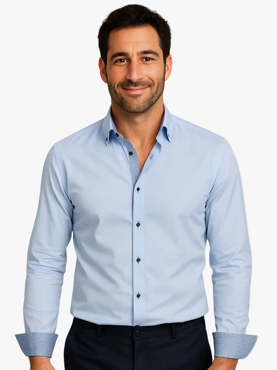 Men's Woven Button-Up Shirt with Patterned Cuffs and Collar