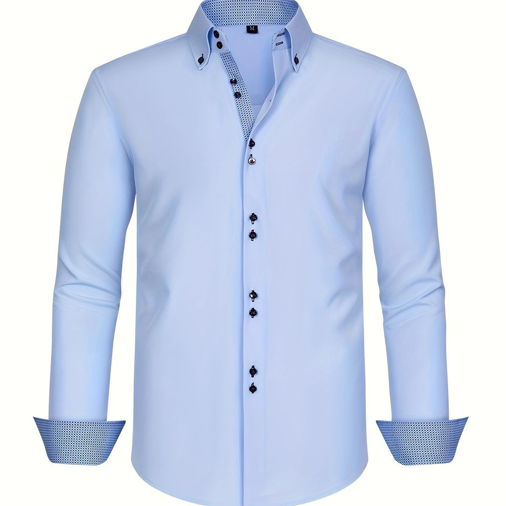 Men's Woven Button-Up Shirt with Patterned Cuffs and Collar