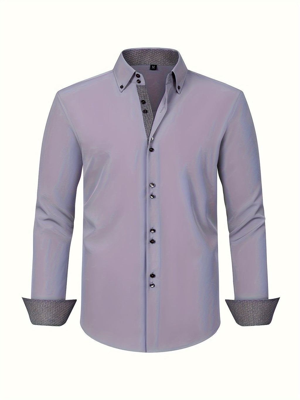 Men's Woven Button-Up Shirt with Patterned Cuffs and Collar