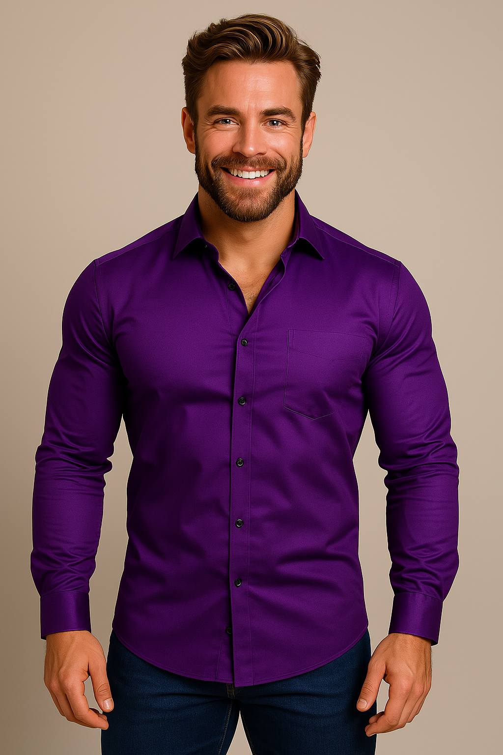 Men's Woven Button-Up Shirt with Point Collar and Button Cuffs