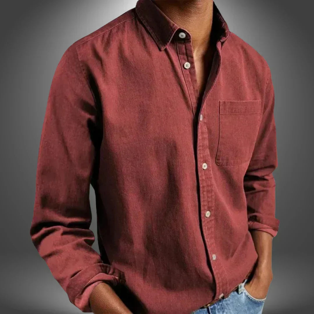 Men's Woven Button-Up Shirt with Spread Collar and Chest Pocket