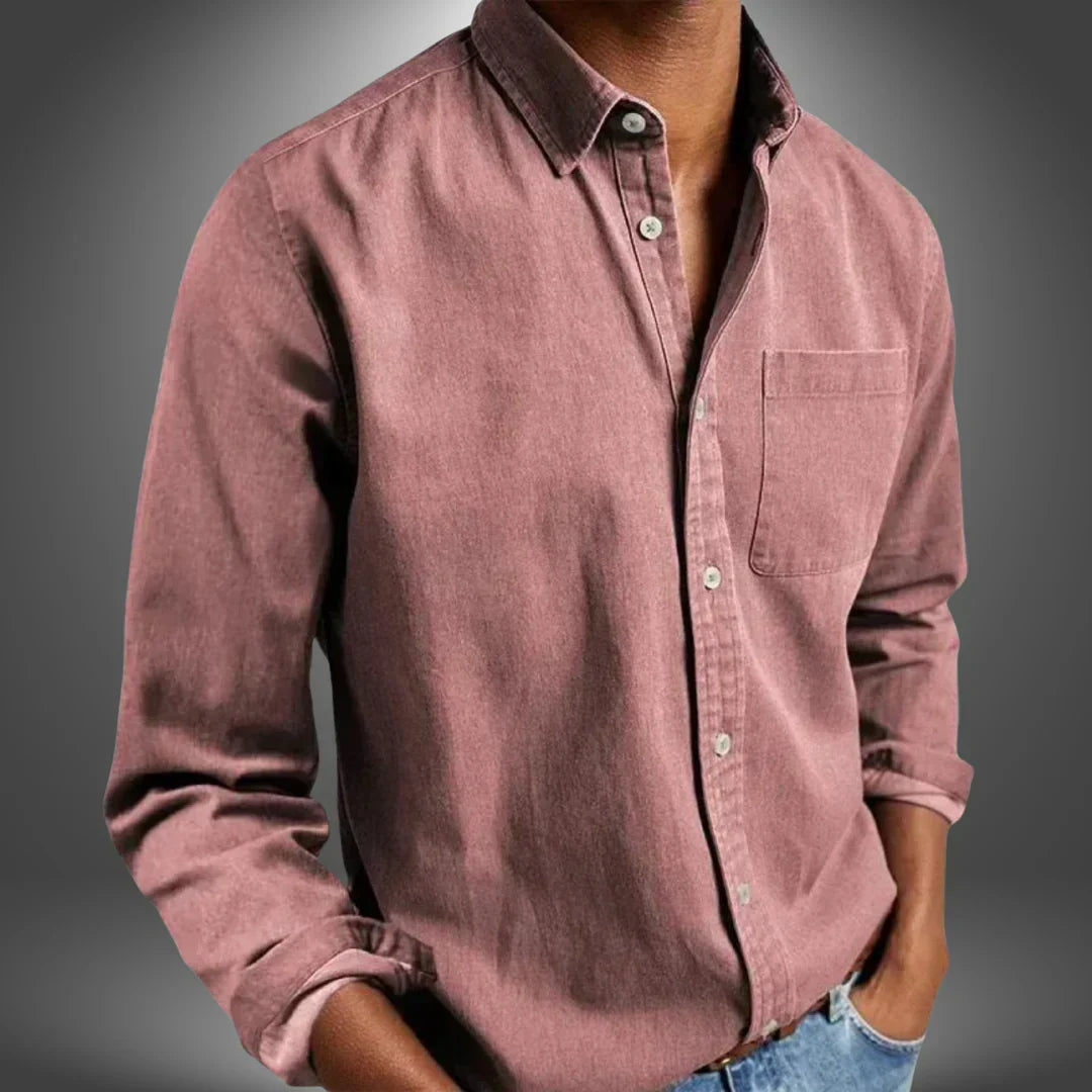 Men's Woven Button-Up Shirt with Spread Collar and Chest Pocket
