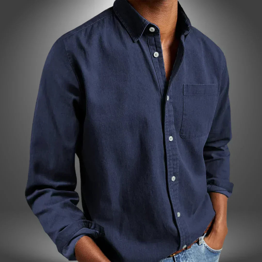 Men's Woven Button-Up Shirt with Spread Collar and Chest Pocket