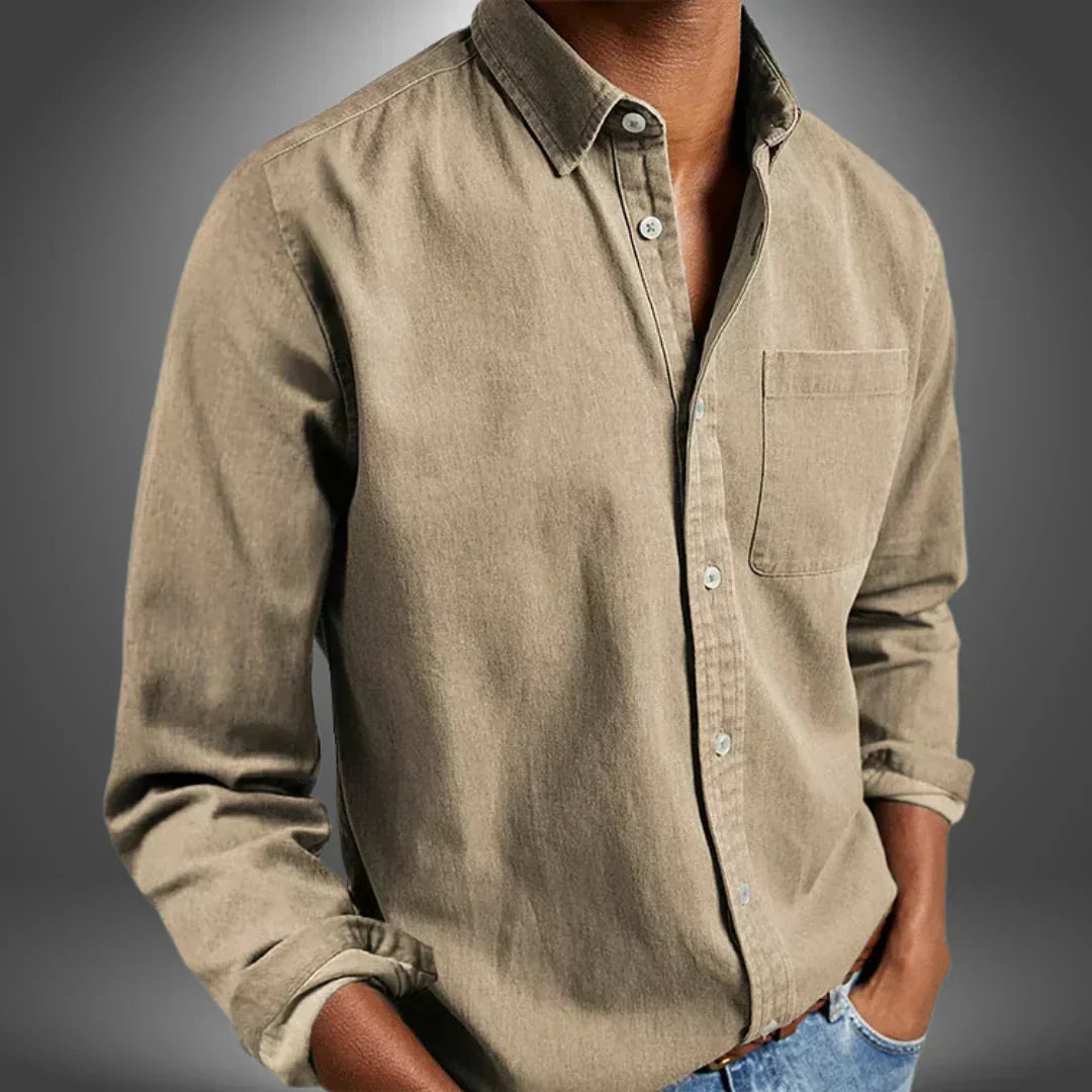 Men's Woven Button-Up Shirt with Spread Collar and Chest Pocket