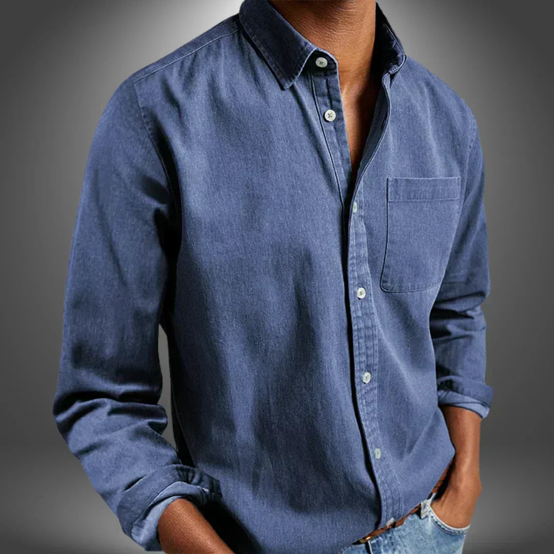 Men's Woven Button-Up Shirt with Spread Collar and Chest Pocket