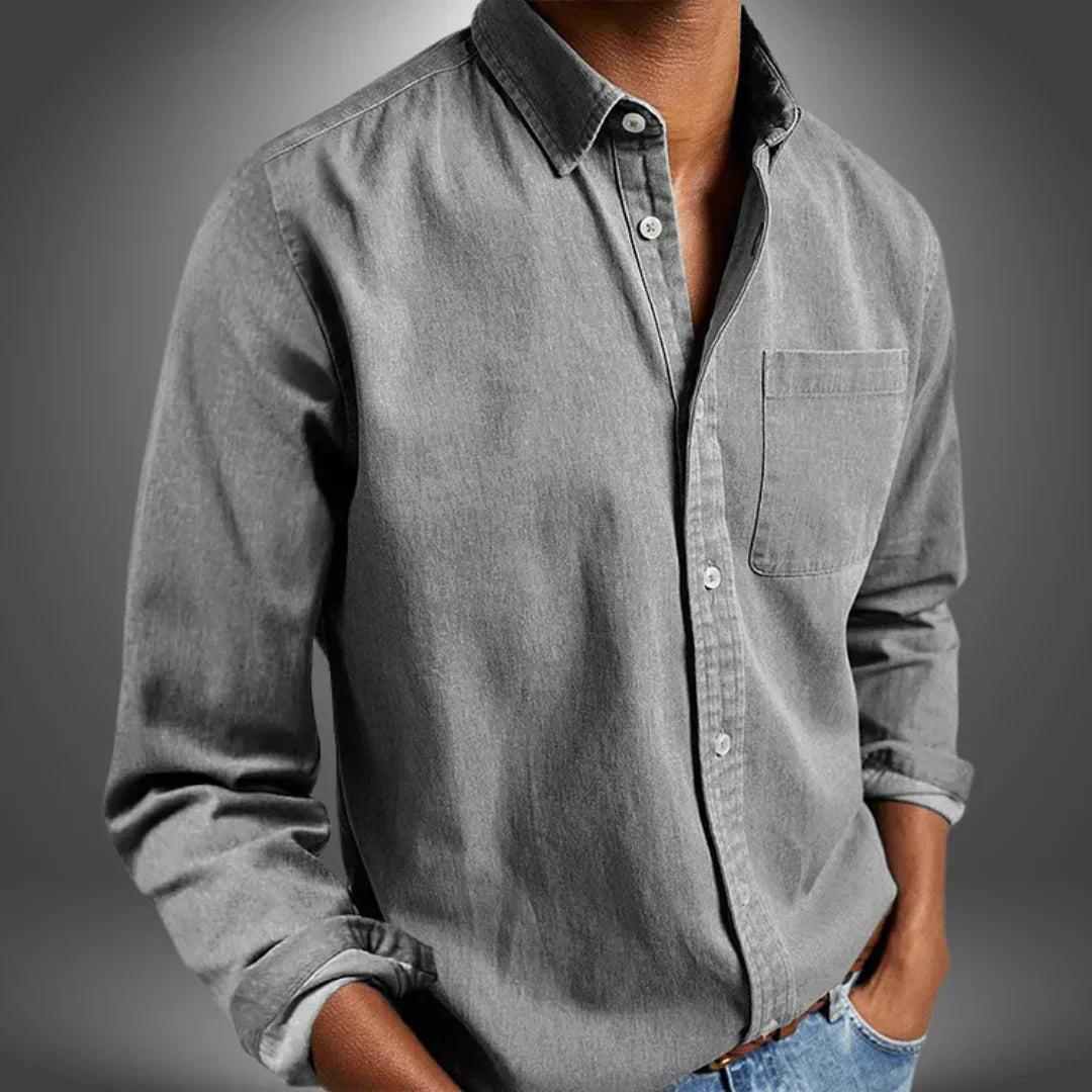 Men's Woven Button-Up Shirt with Spread Collar and Chest Pocket