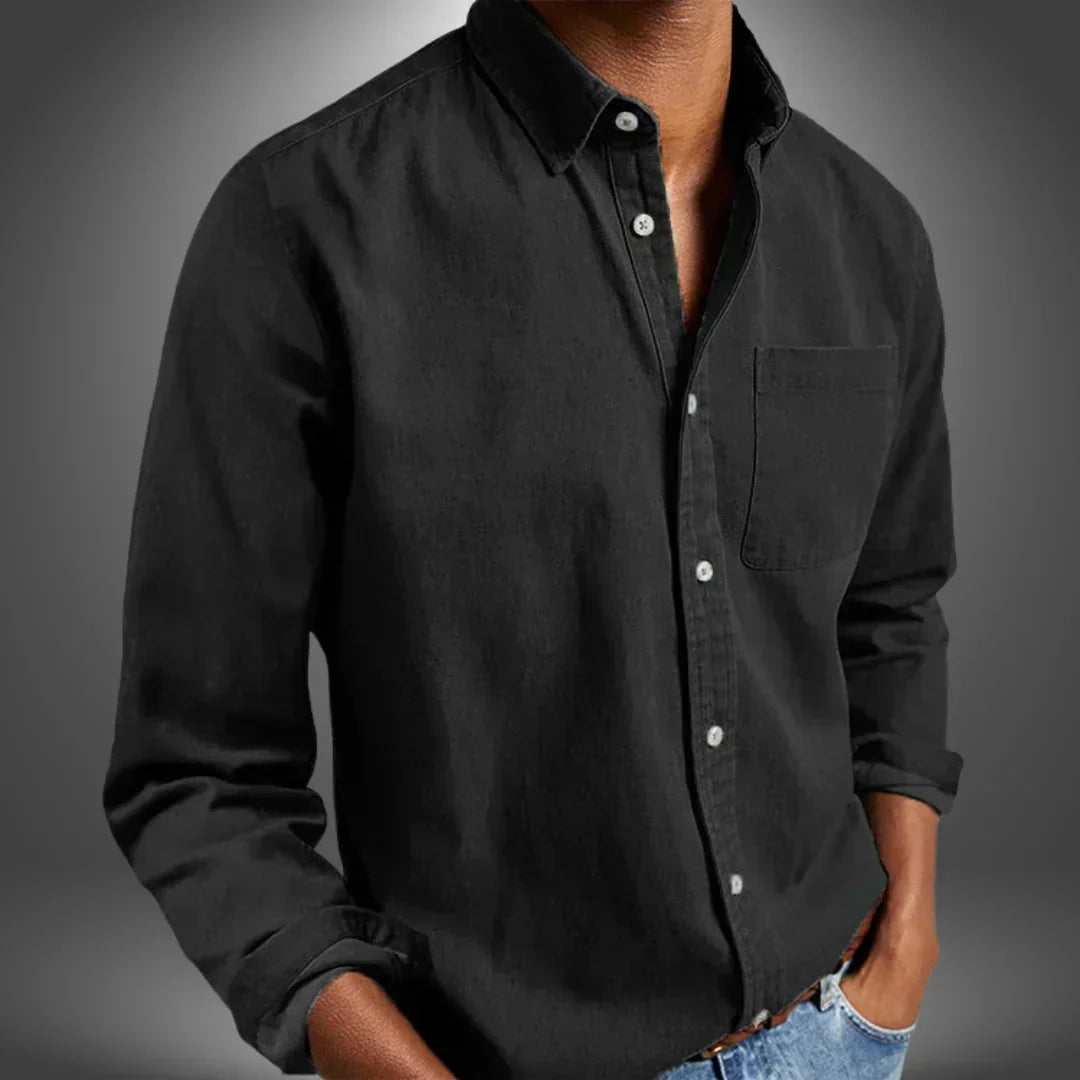 Men's Woven Button-Up Shirt with Spread Collar and Chest Pocket