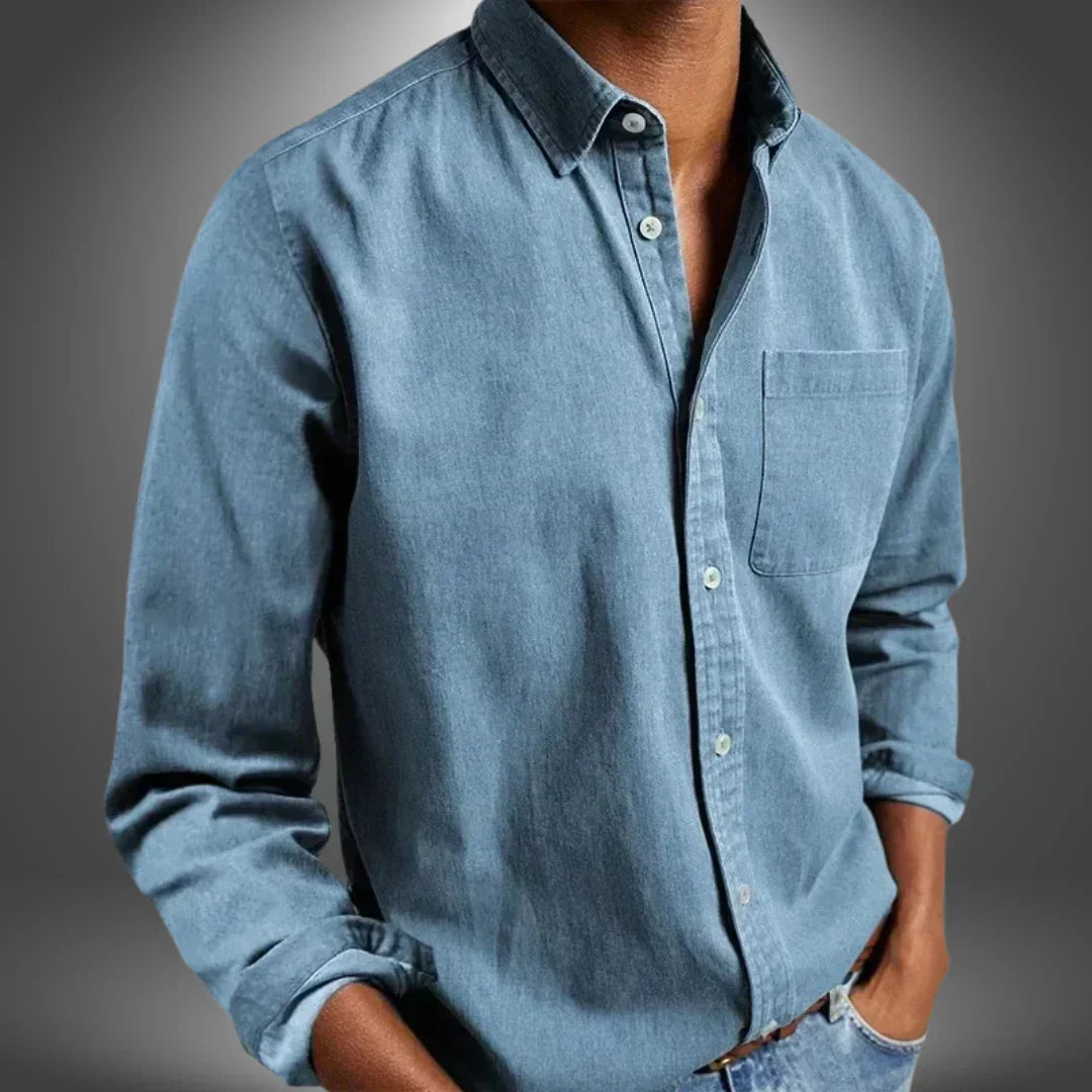 Men's Woven Button-Up Shirt with Spread Collar and Chest Pocket