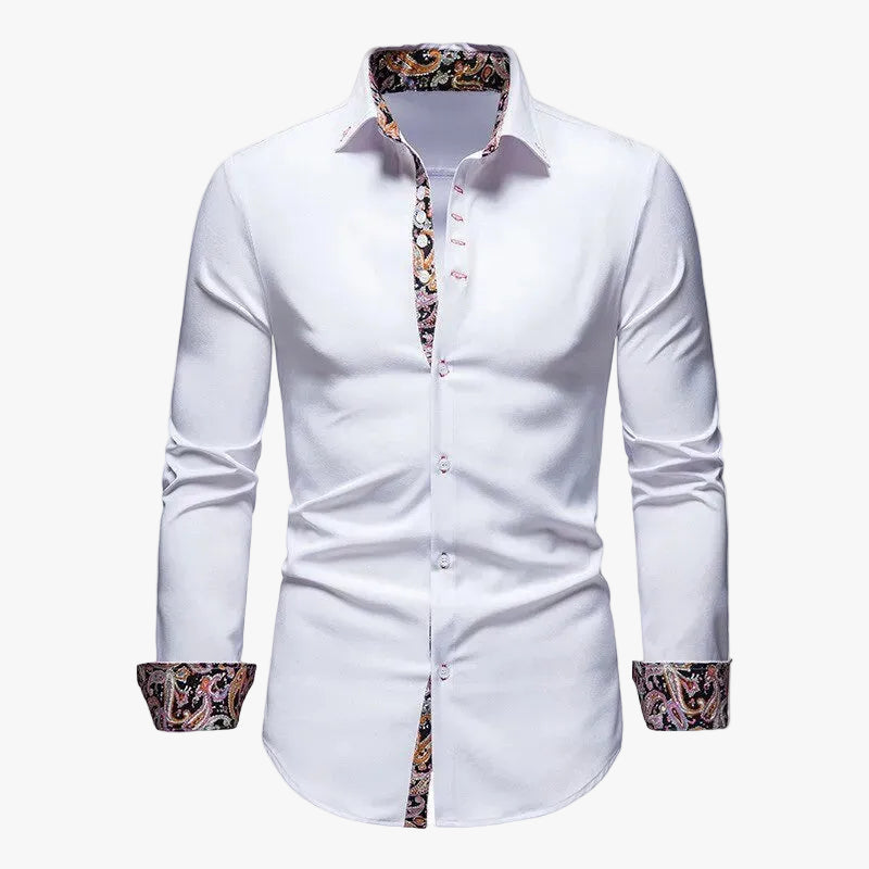 Men's Woven Button-Up Shirt with Spread Collar and Pattern Trim