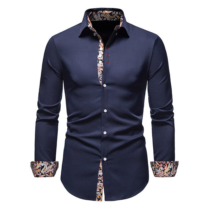 Men's Woven Button-Up Shirt with Spread Collar and Pattern Trim