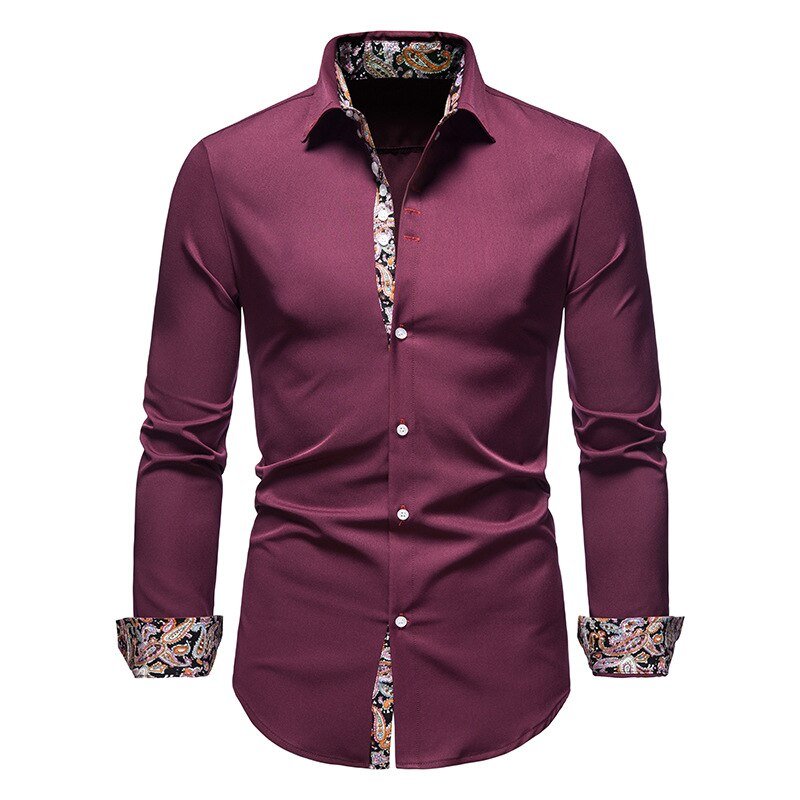 Men's Woven Button-Up Shirt with Spread Collar and Pattern Trim