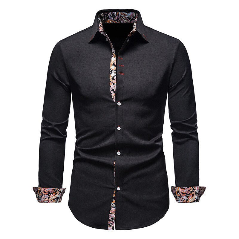Men's Woven Button-Up Shirt with Spread Collar and Pattern Trim