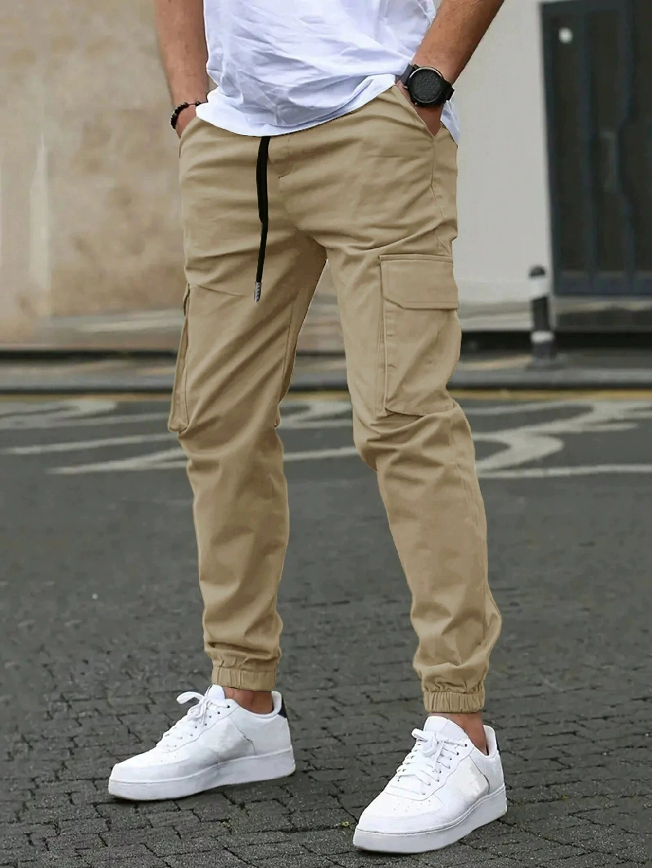 Men's Woven Cargo Jogger Pants with Drawstring and Cuffed Ankles