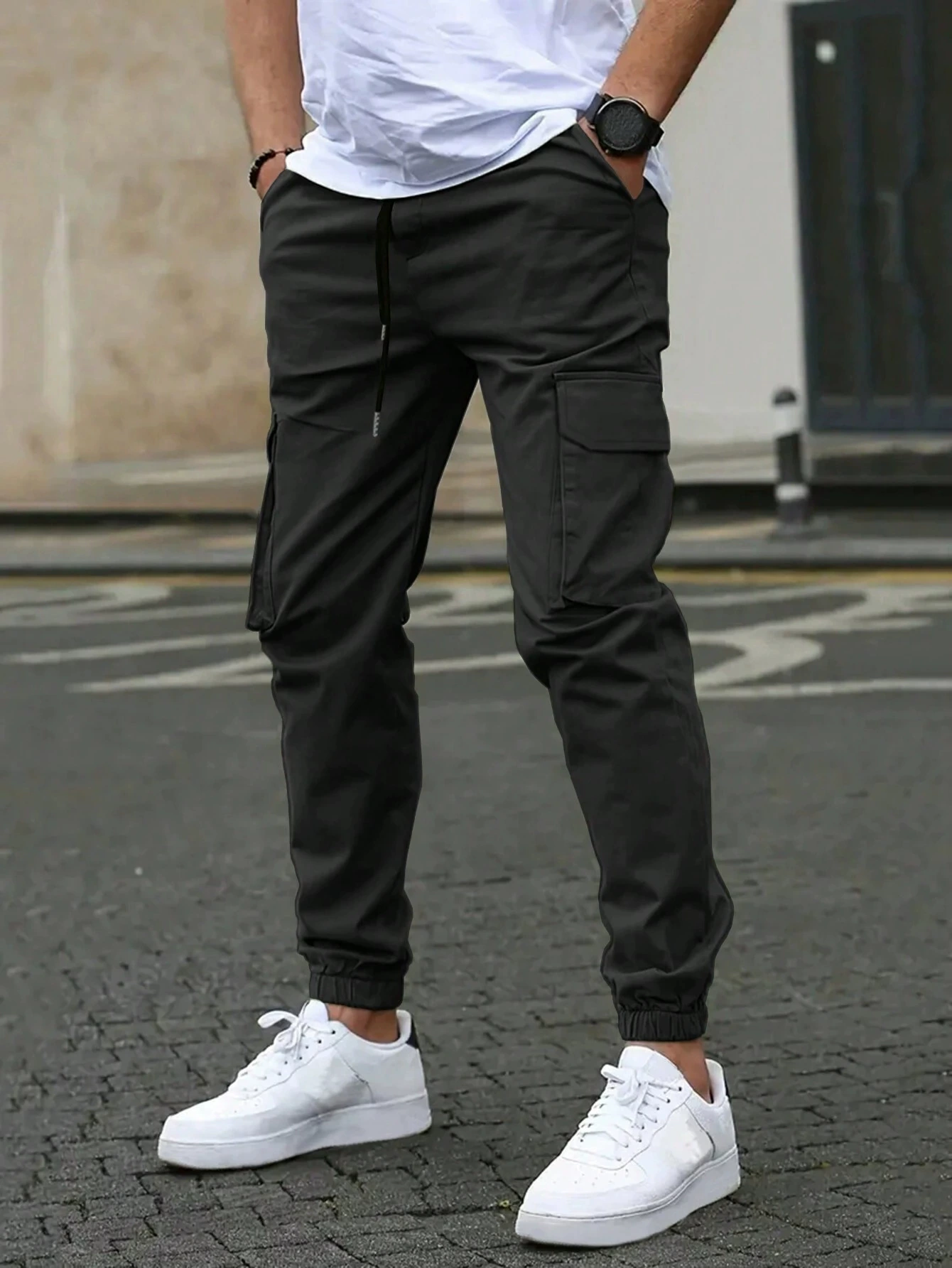 Men's Woven Cargo Jogger Pants with Drawstring and Cuffed Ankles