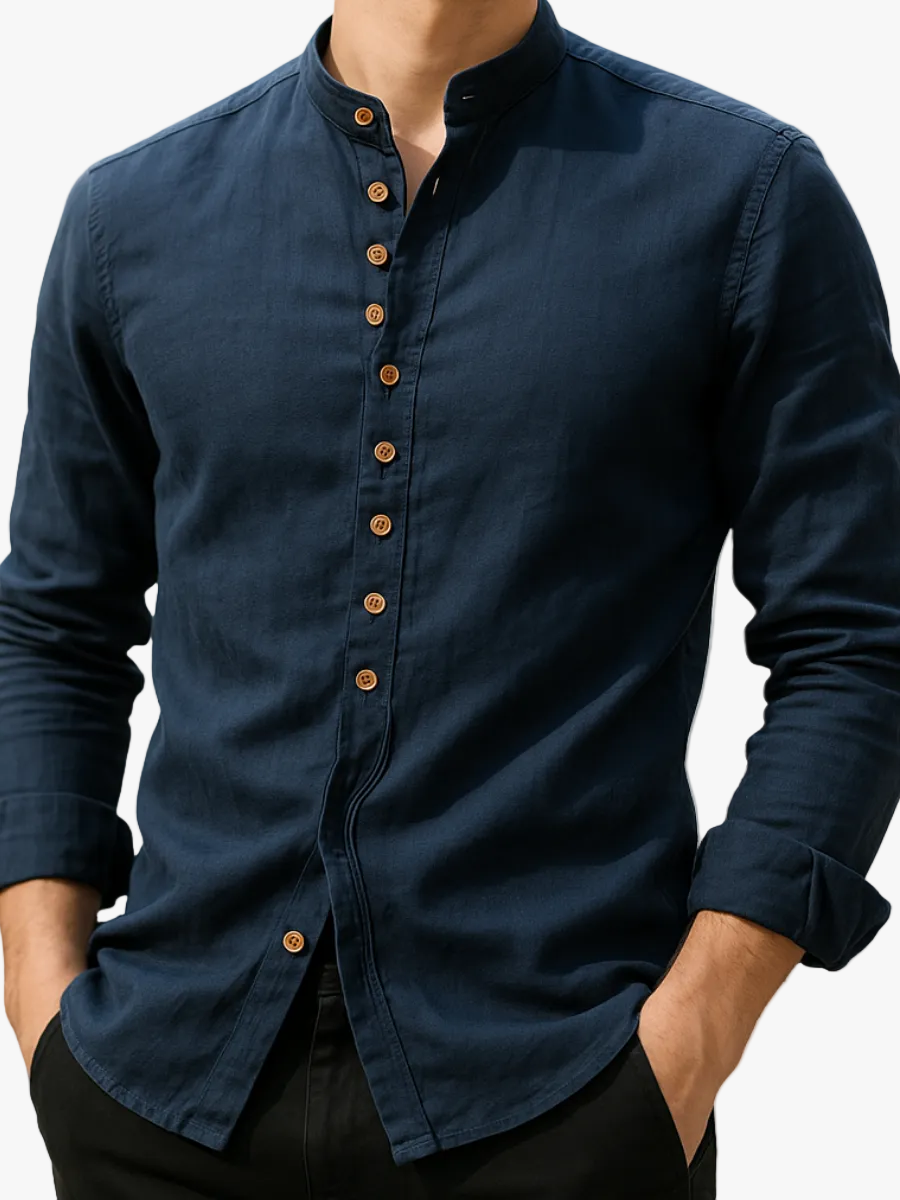 Men's Woven Linen-Blend Shirt with Band Collar and Button Placket