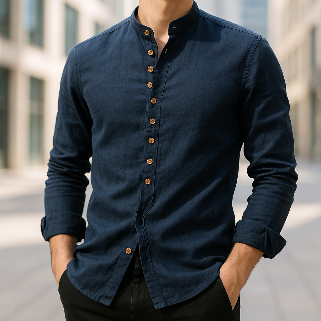 Men's Woven Linen-Blend Shirt with Band Collar and Button Placket