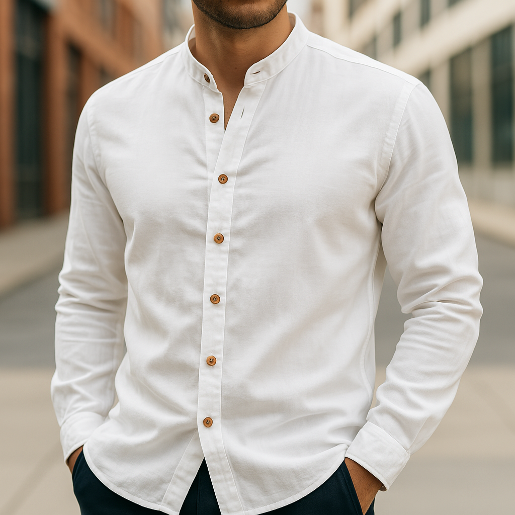Men's Woven Linen-Blend Shirt with Band Collar and Button Placket