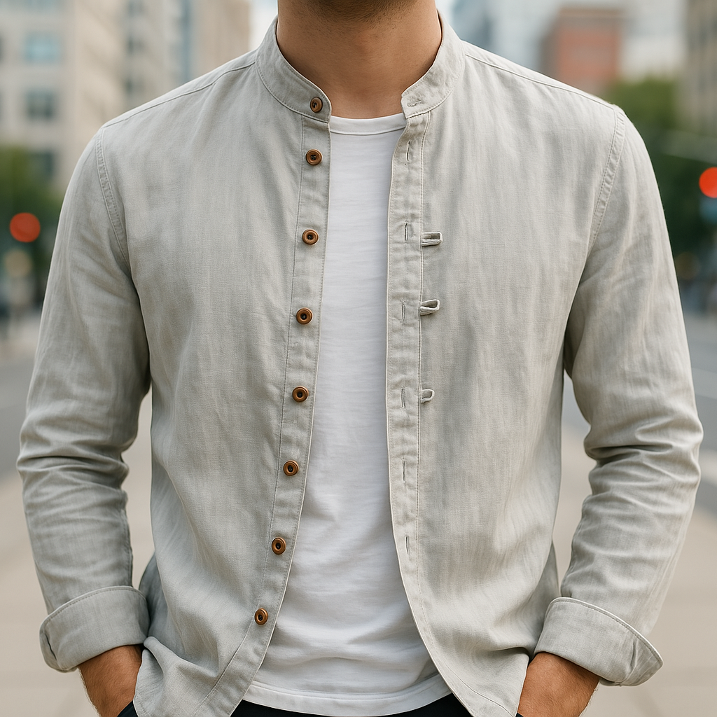 Men's Woven Linen-Blend Shirt with Band Collar and Button Placket