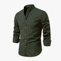Men's Woven Long Sleeve Shirt with Band Collar and Chest Logo