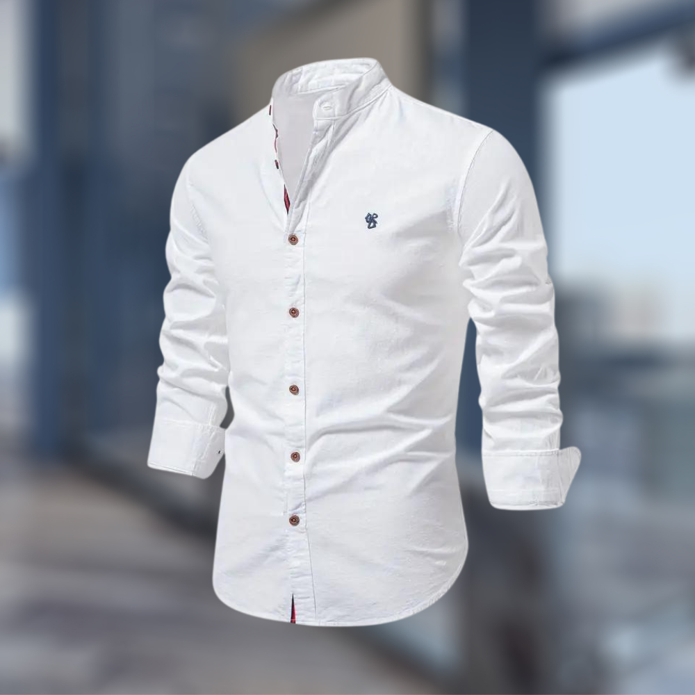 Men's Woven Long Sleeve Shirt with Band Collar and Chest Logo