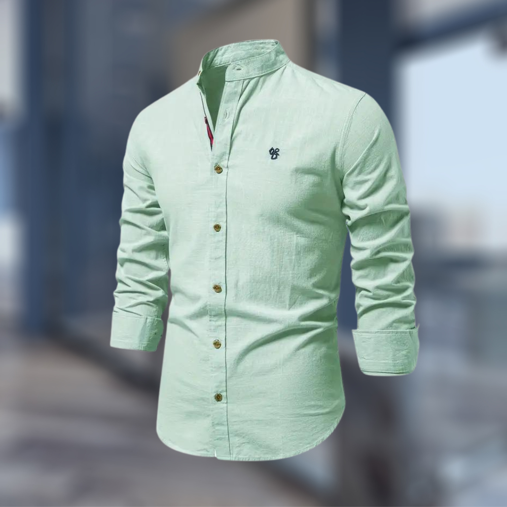 Men's Woven Long Sleeve Shirt with Band Collar and Chest Logo