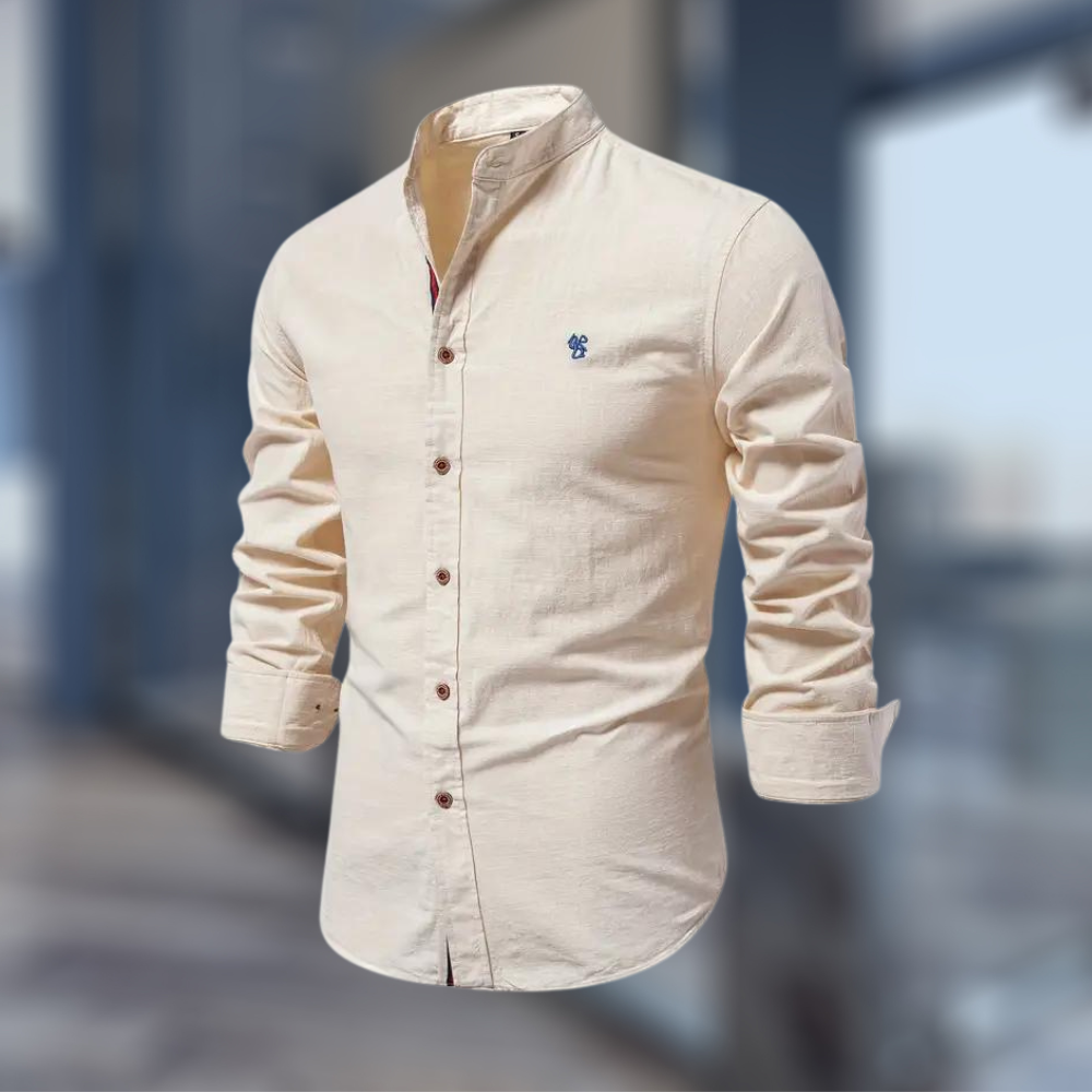 Men's Woven Long Sleeve Shirt with Band Collar and Chest Logo