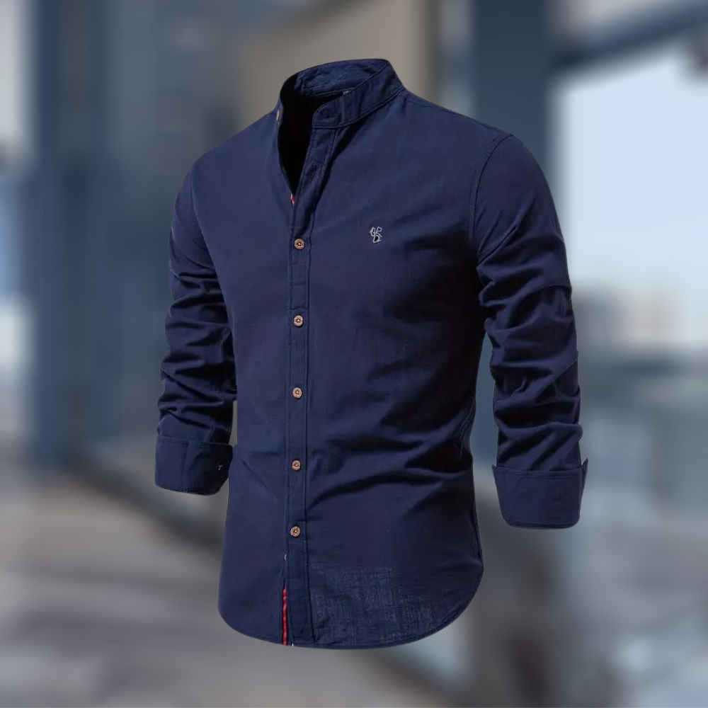 Men's Woven Long Sleeve Shirt with Band Collar and Chest Logo