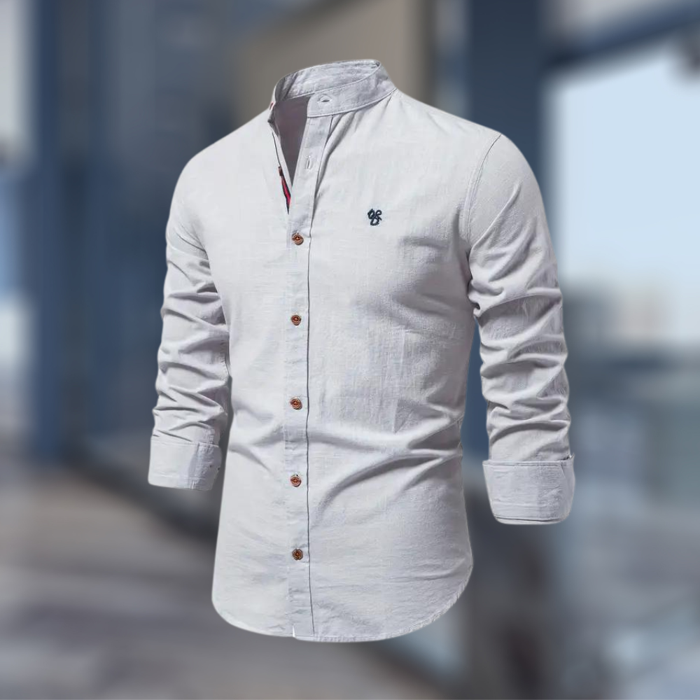 Men's Woven Long Sleeve Shirt with Band Collar and Chest Logo