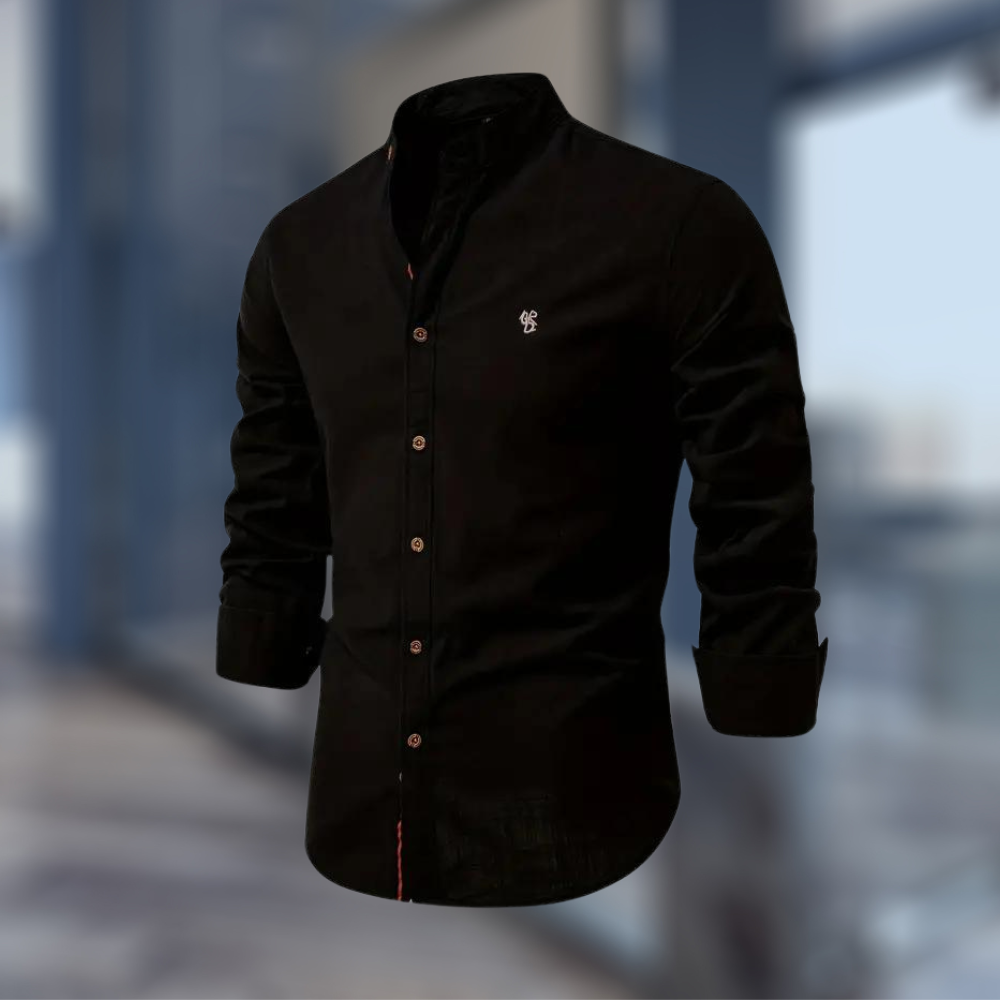 Men's Woven Long Sleeve Shirt with Band Collar and Chest Logo