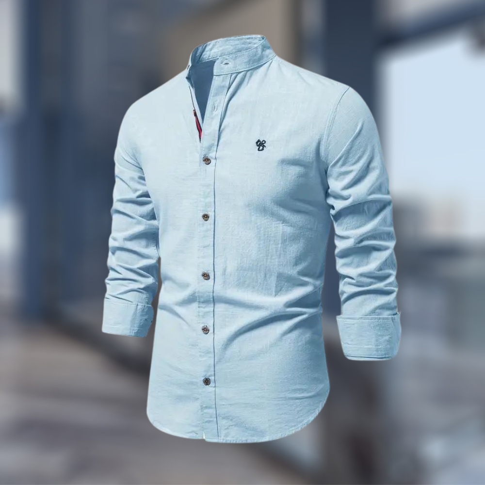 Men's Woven Long Sleeve Shirt with Band Collar and Chest Logo