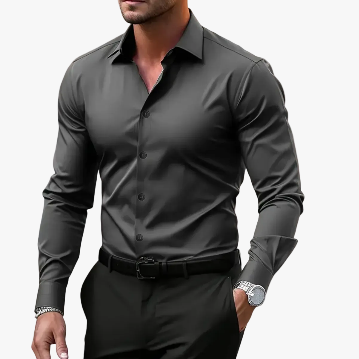 Men's Woven Long Sleeve Shirt with Notched Collar and Button Cuffs