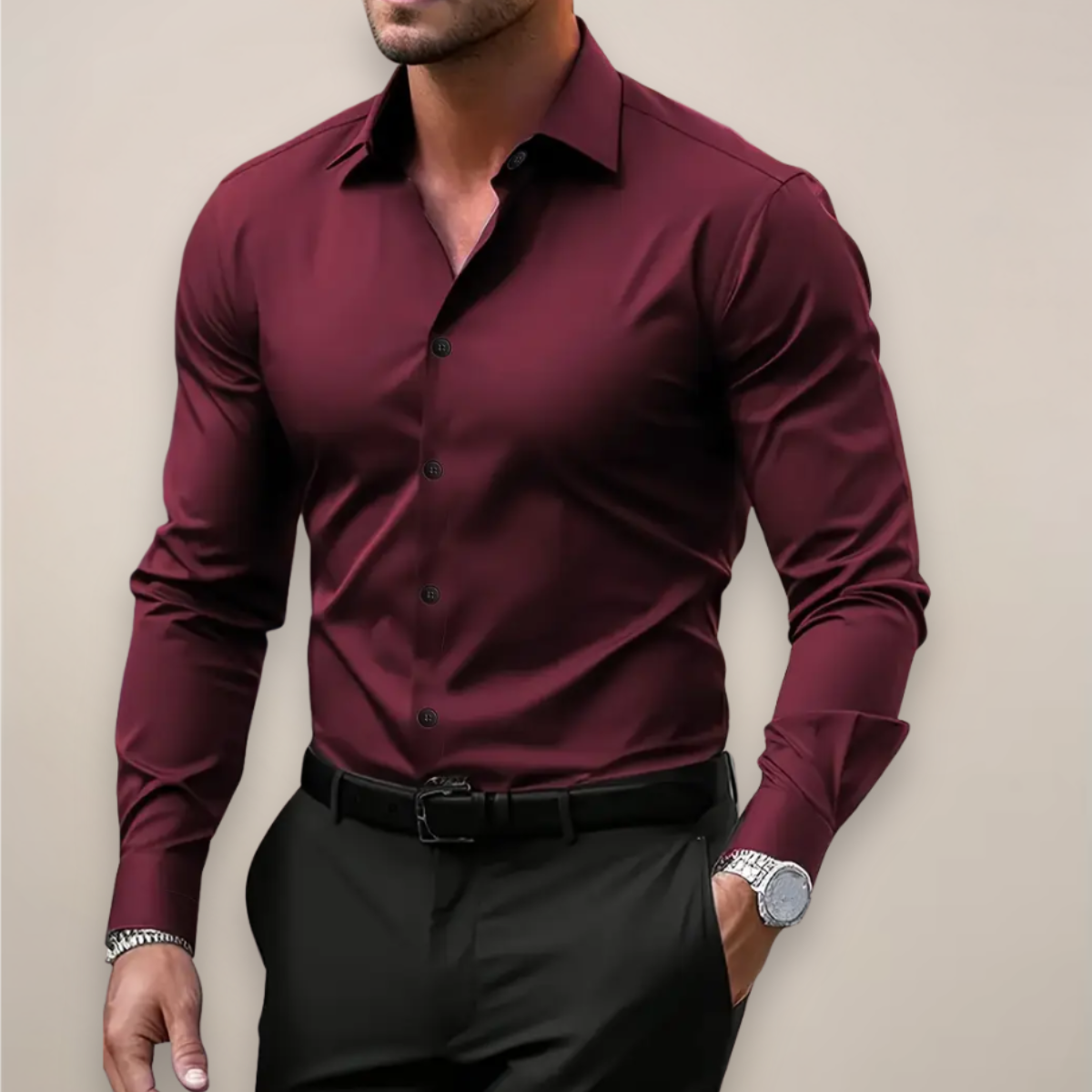 Men's Woven Long Sleeve Shirt with Notched Collar and Button Cuffs