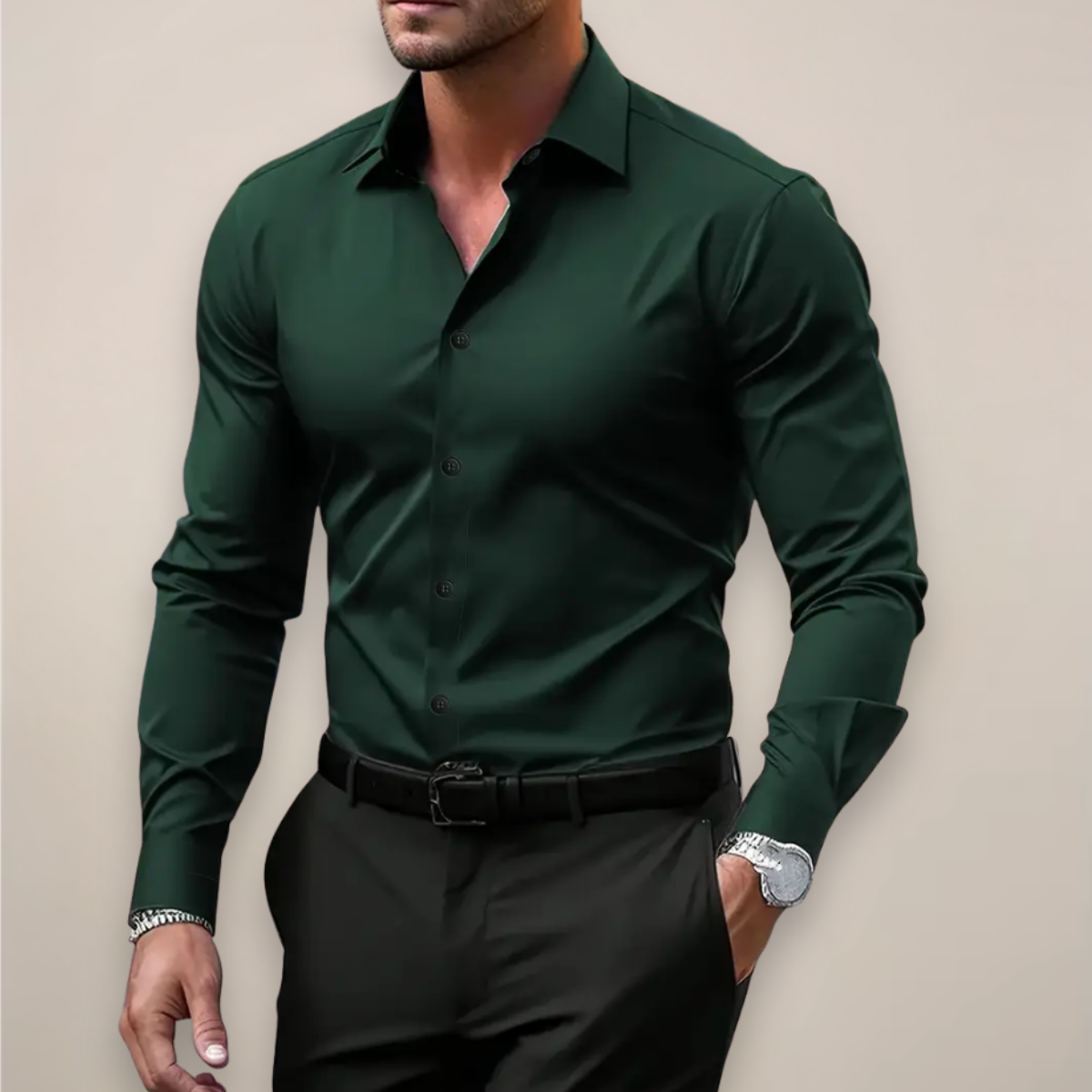 Men's Woven Long Sleeve Shirt with Notched Collar and Button Cuffs