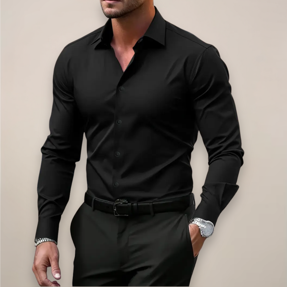Men's Woven Long Sleeve Shirt with Notched Collar and Button Cuffs