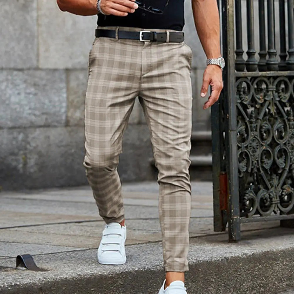 Men's Woven Plaid Pants with Belt Loops and Cropped Tapered Leg