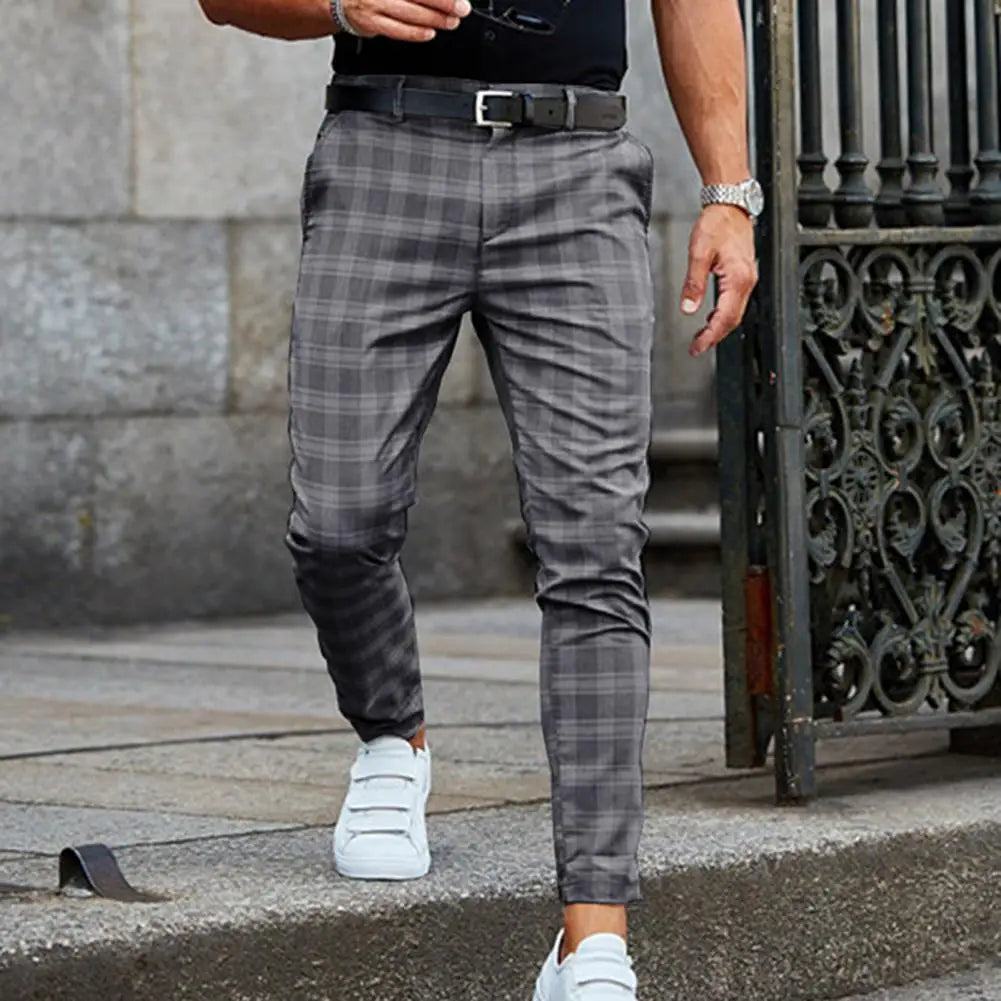 Men's Woven Plaid Pants with Belt Loops and Cropped Tapered Leg