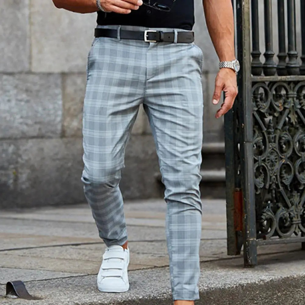 Men's Woven Plaid Pants with Belt Loops and Cropped Tapered Leg